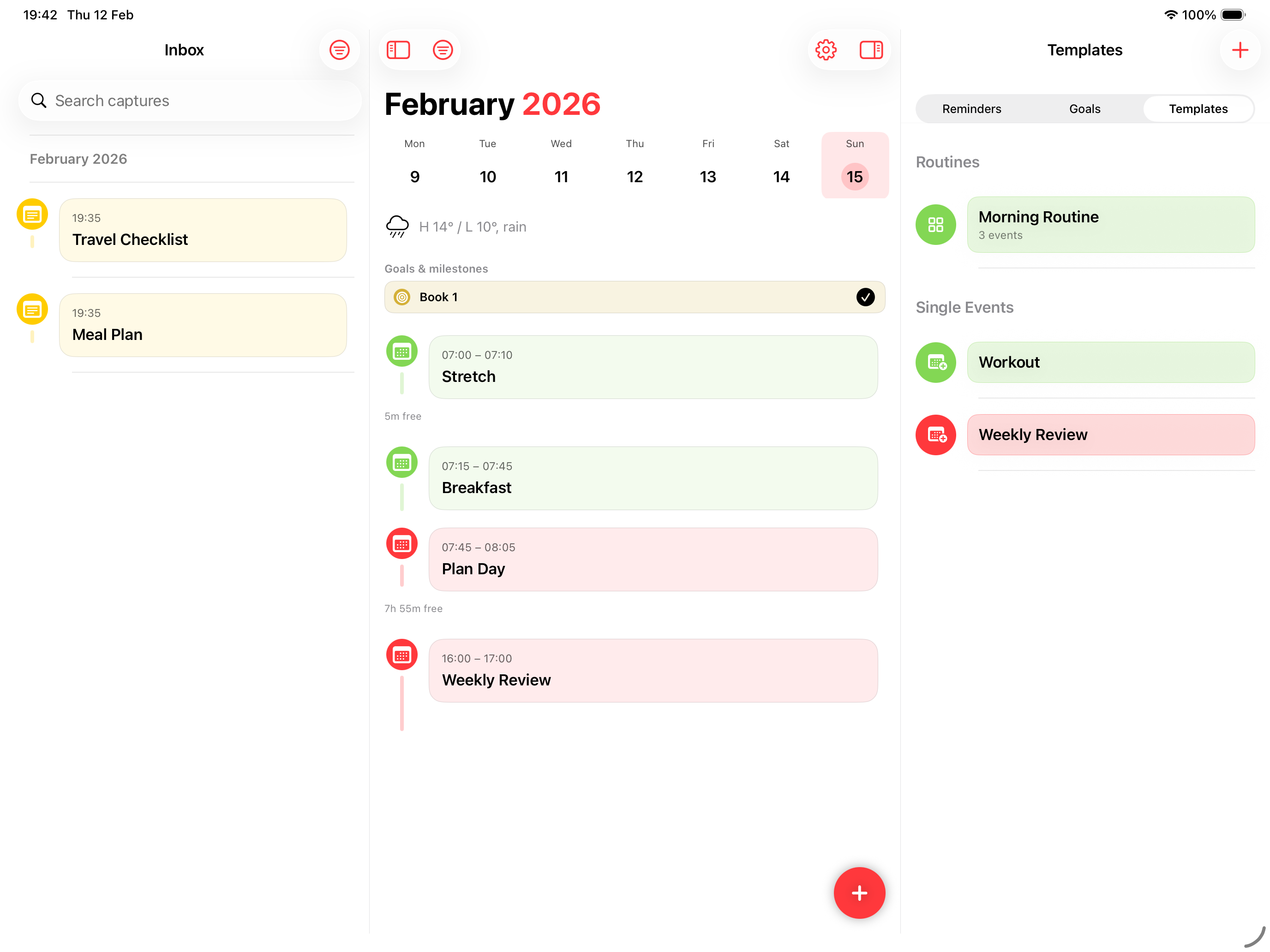 InRo iPad showing the daily timeline with events like Stretch, Breakfast, Plan Day, and Weekly Review alongside goals and templates